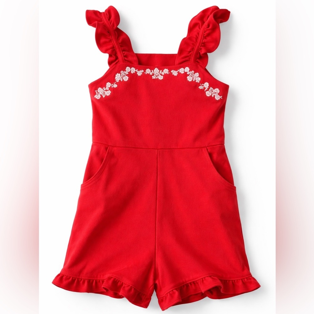 Janie and Jack | Red Embroidered Romper with Ruffle Hem | 5